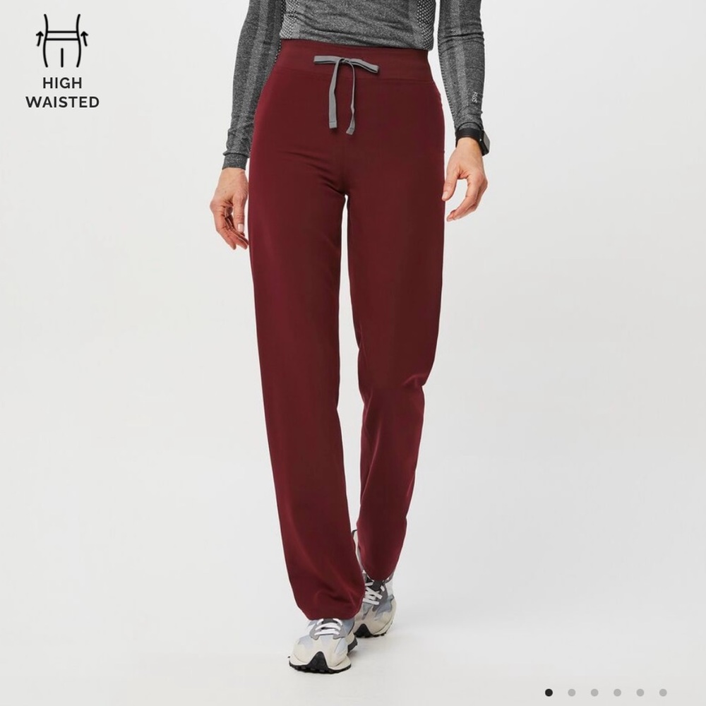 Figs Women's High-Waisted Track Pants in Burgundy with Gray Drawstring